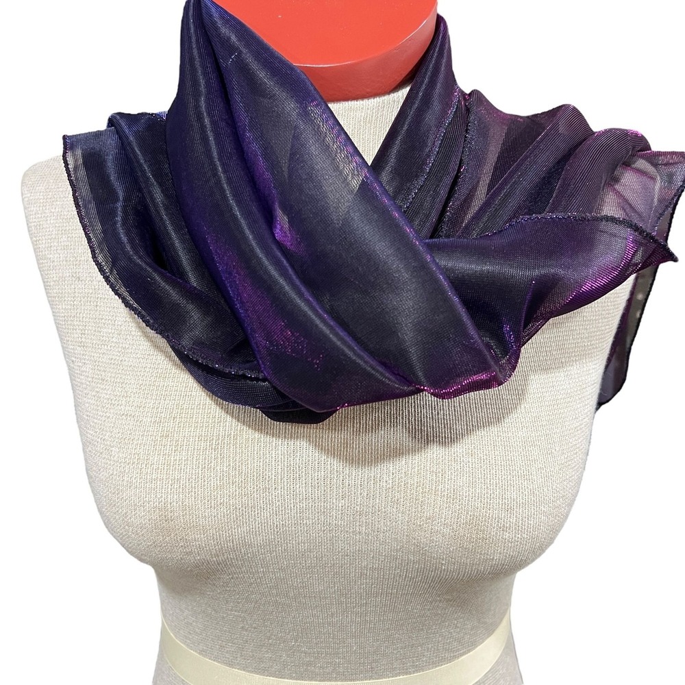 Chicos Purple Metallic Beaded Trim Shawl Wrap 14 x 64" Iridescent Pink and Blue - Picture 5 of 8